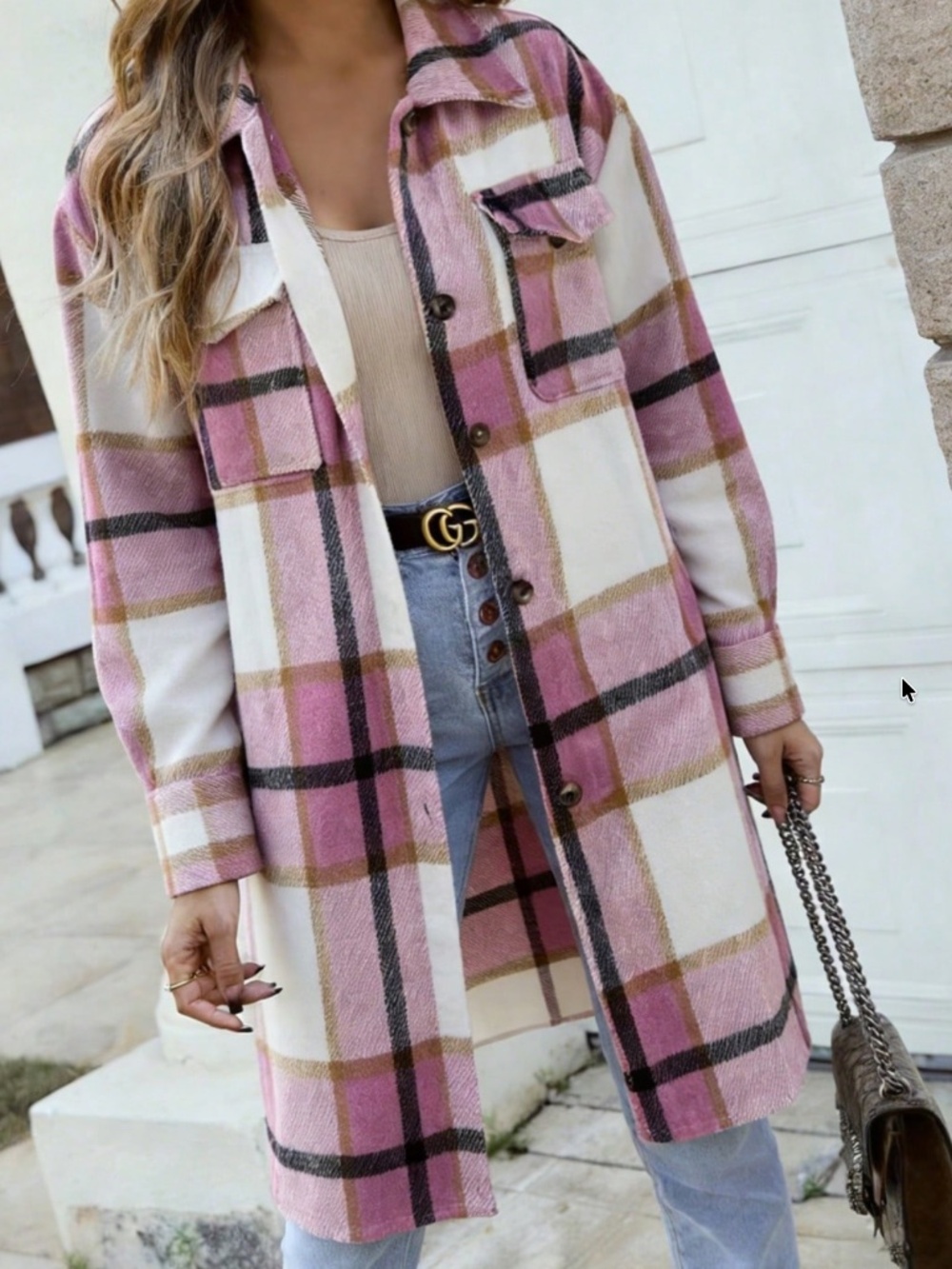 Classic Plaid print Button Down Curved hem Loose Fit Jacket Shacket